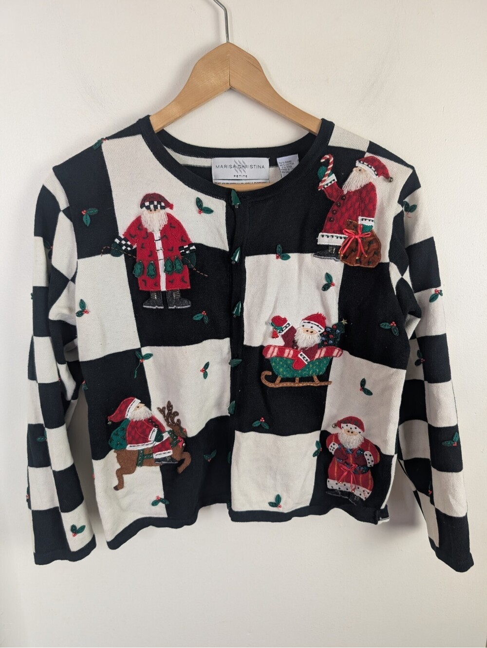 Marisa Christina Petite Small S Cardigan Sweater Black White Checkered Christmas